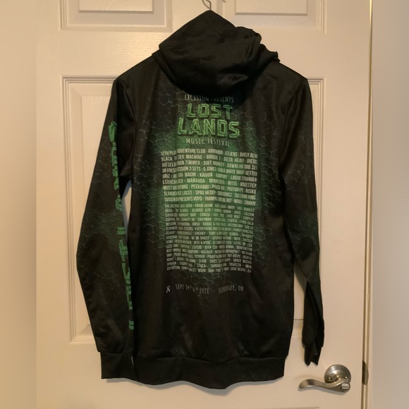 Excision Lost Lands 2021 Music Festival Green Dinosaur Line Up Hoodie Size S - Picture 2 of 3